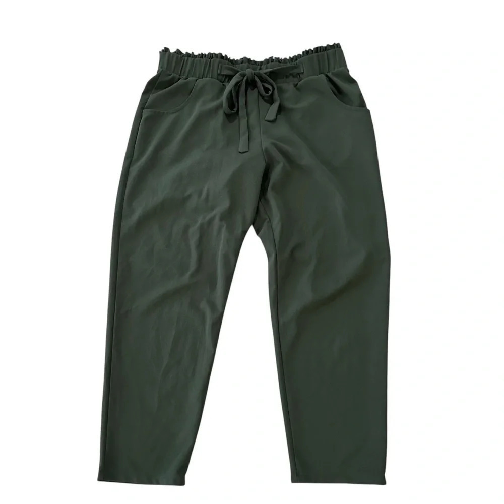 Cosmic Beauty Women’s Dark Green Paperbag Ruffle High Waist Tie Pants Sz 2X GUC